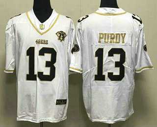Mens San Francisco 49ers #13 Brock Purdy White Gold With 75th Anniversary Patch Stitched Jersey
